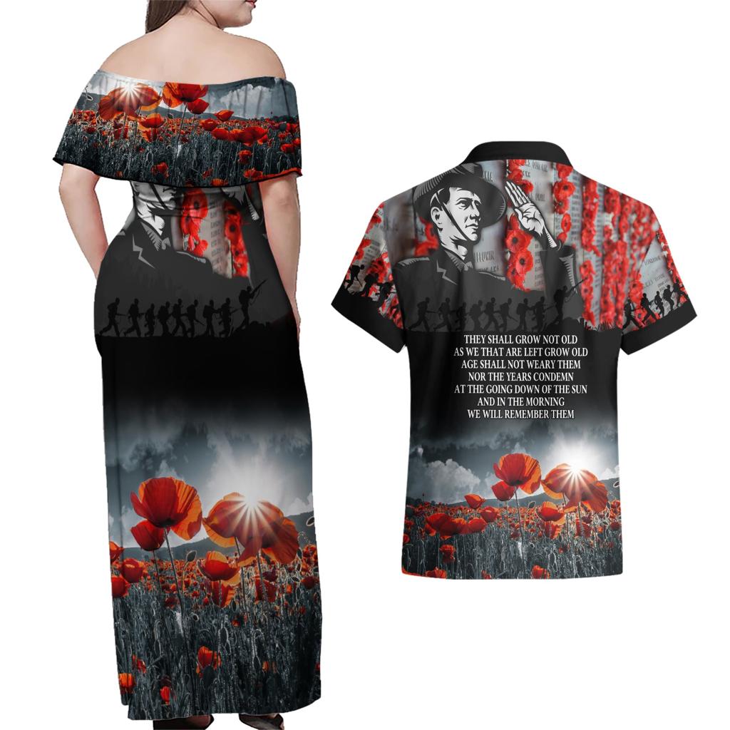 ANZAC DAY Heroes Of The Gallipoli Couples Matching Off Shoulder Maxi Dress and Hawaiian Shirt
