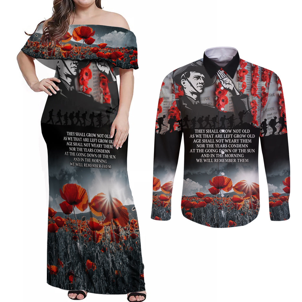 ANZAC DAY Heroes Of The Gallipoli Couples Matching Off Shoulder Maxi Dress and Long Sleeve Button Shirt