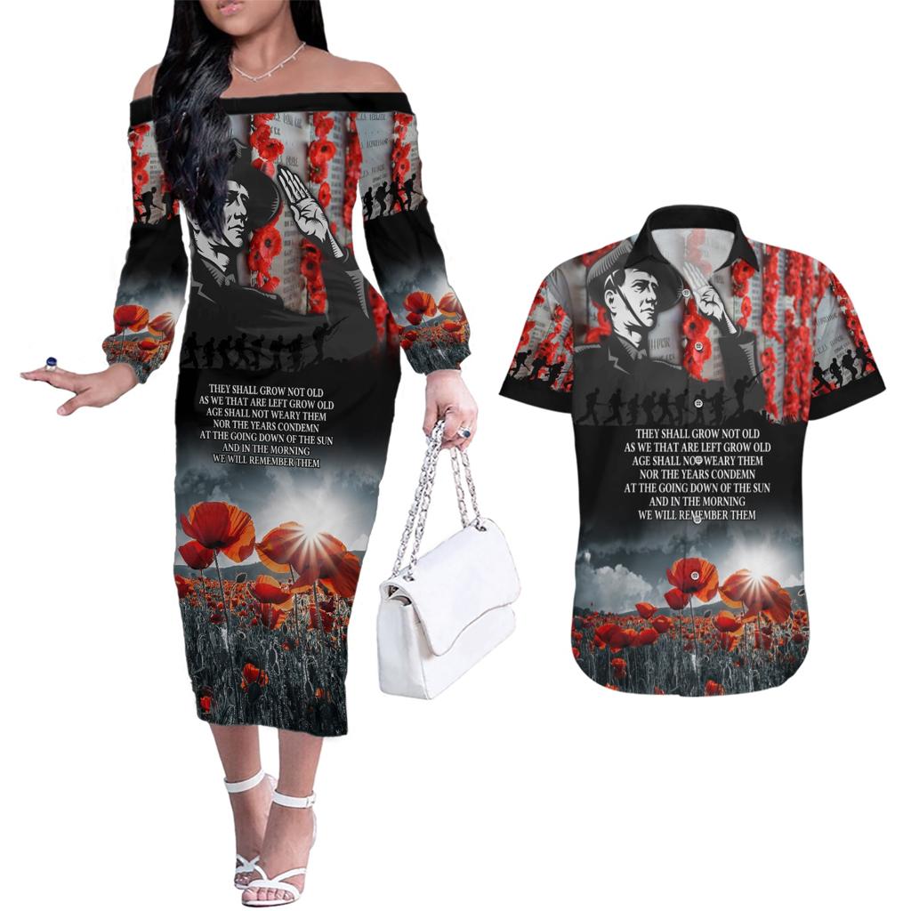 ANZAC DAY Heroes Of The Gallipoli Couples Matching Off The Shoulder Long Sleeve Dress and Hawaiian Shirt