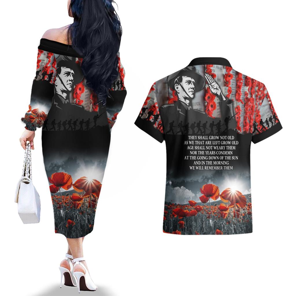 ANZAC DAY Heroes Of The Gallipoli Couples Matching Off The Shoulder Long Sleeve Dress and Hawaiian Shirt