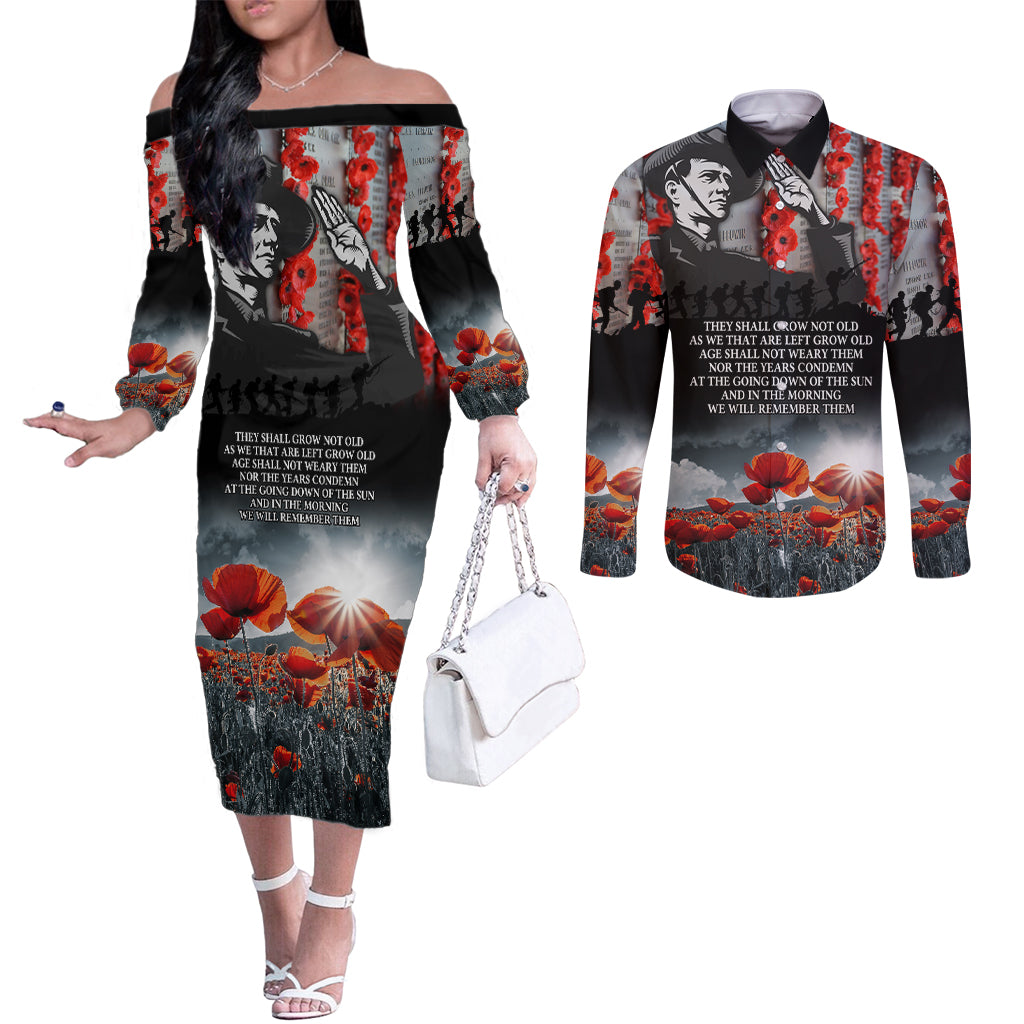 ANZAC DAY Heroes Of The Gallipoli Couples Matching Off The Shoulder Long Sleeve Dress and Long Sleeve Button Shirt