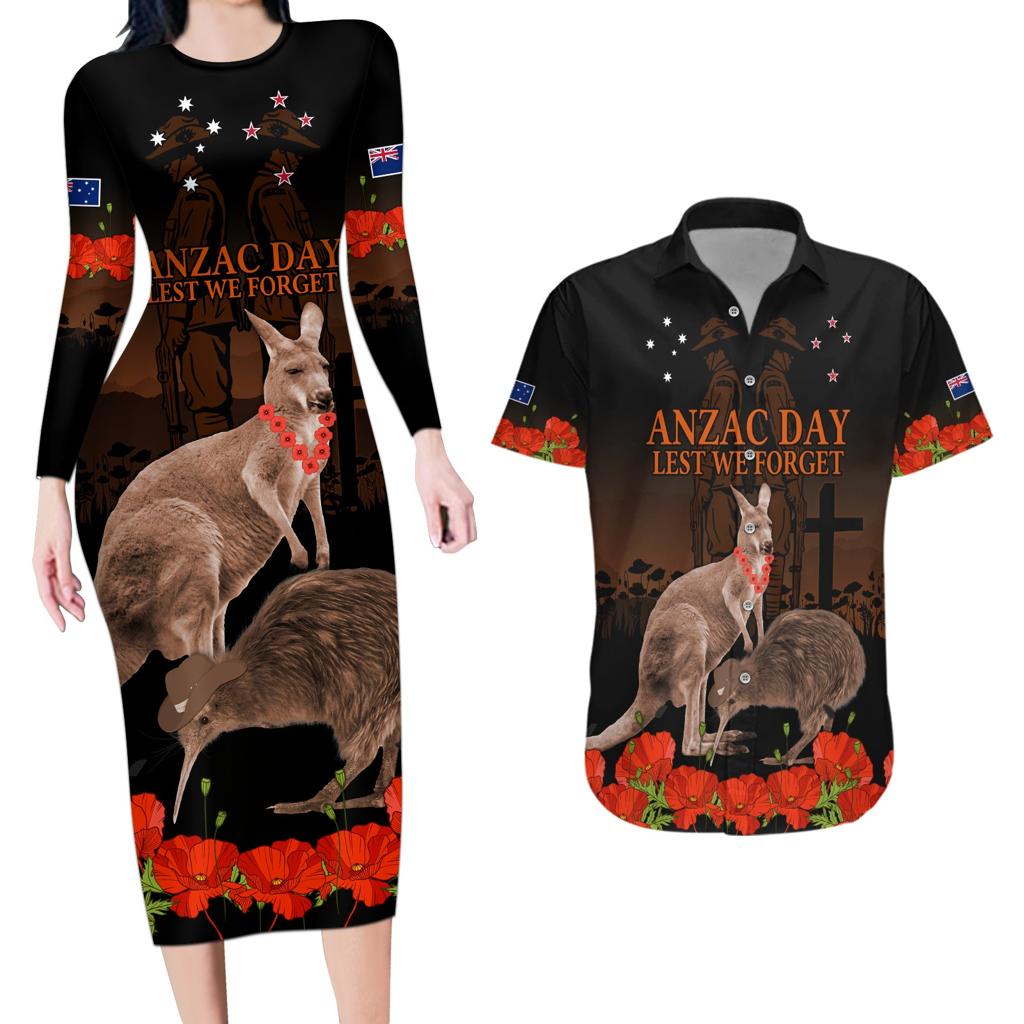 Kangaroo and Kiwi Bird ANZAC Day Custom Couples Matching Long Sleeve Bodycon Dress and Hawaiian Shirt Soldier Style