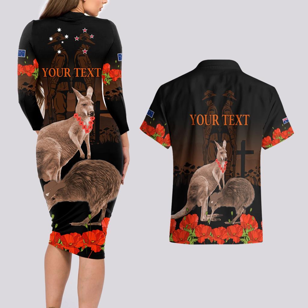 Kangaroo and Kiwi Bird ANZAC Day Custom Couples Matching Long Sleeve Bodycon Dress and Hawaiian Shirt Soldier Style
