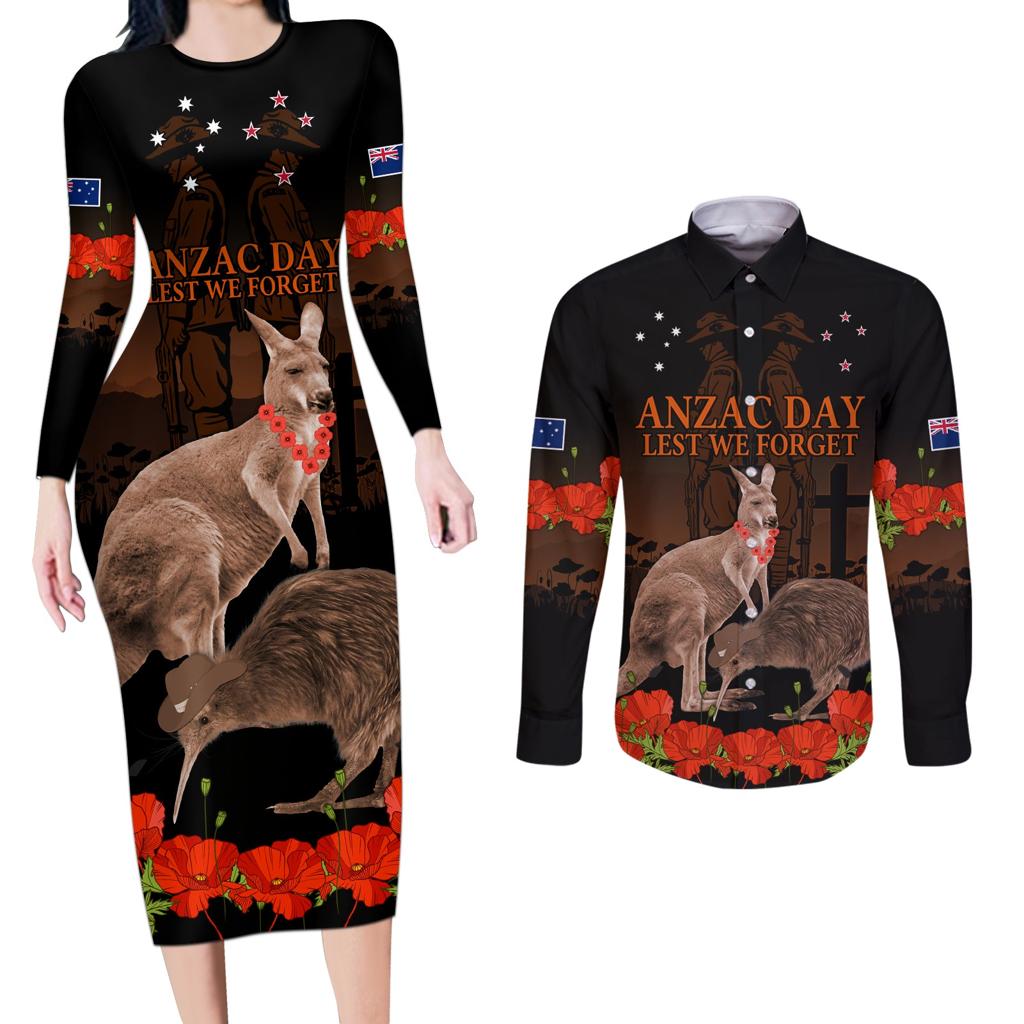 Kangaroo and Kiwi Bird ANZAC Day Custom Couples Matching Long Sleeve Bodycon Dress and Long Sleeve Button Shirt Soldier Style