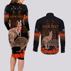 Kangaroo and Kiwi Bird ANZAC Day Custom Couples Matching Long Sleeve Bodycon Dress and Long Sleeve Button Shirt Soldier Style