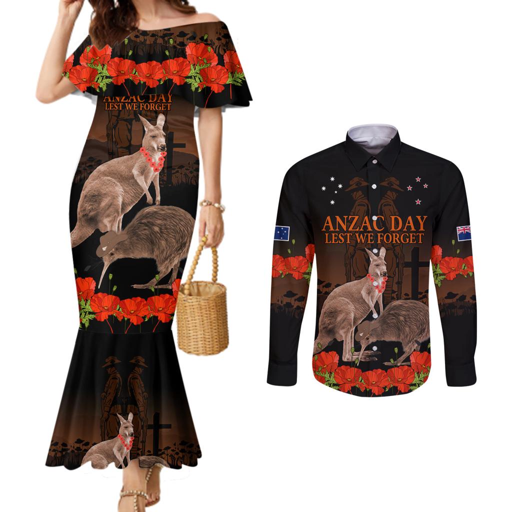 Kangaroo and Kiwi Bird ANZAC Day Custom Couples Matching Mermaid Dress and Long Sleeve Button Shirt Soldier Style