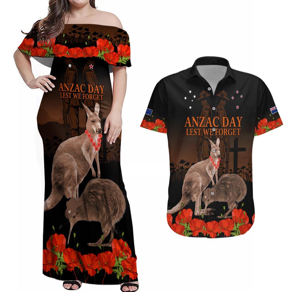 Kangaroo and Kiwi Bird ANZAC Day Custom Couples Matching Off Shoulder Maxi Dress and Hawaiian Shirt Soldier Style