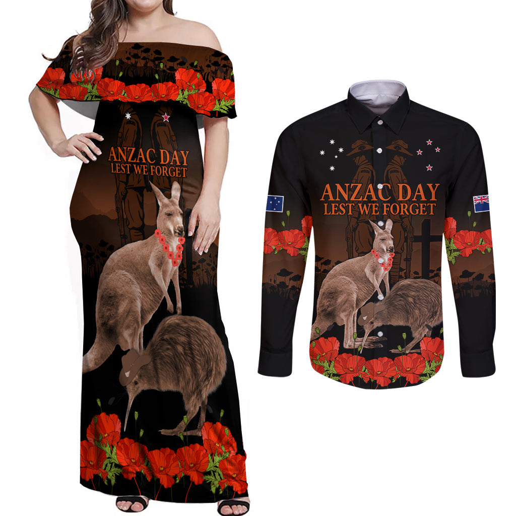 Kangaroo and Kiwi Bird ANZAC Day Custom Couples Matching Off Shoulder Maxi Dress and Long Sleeve Button Shirt Soldier Style