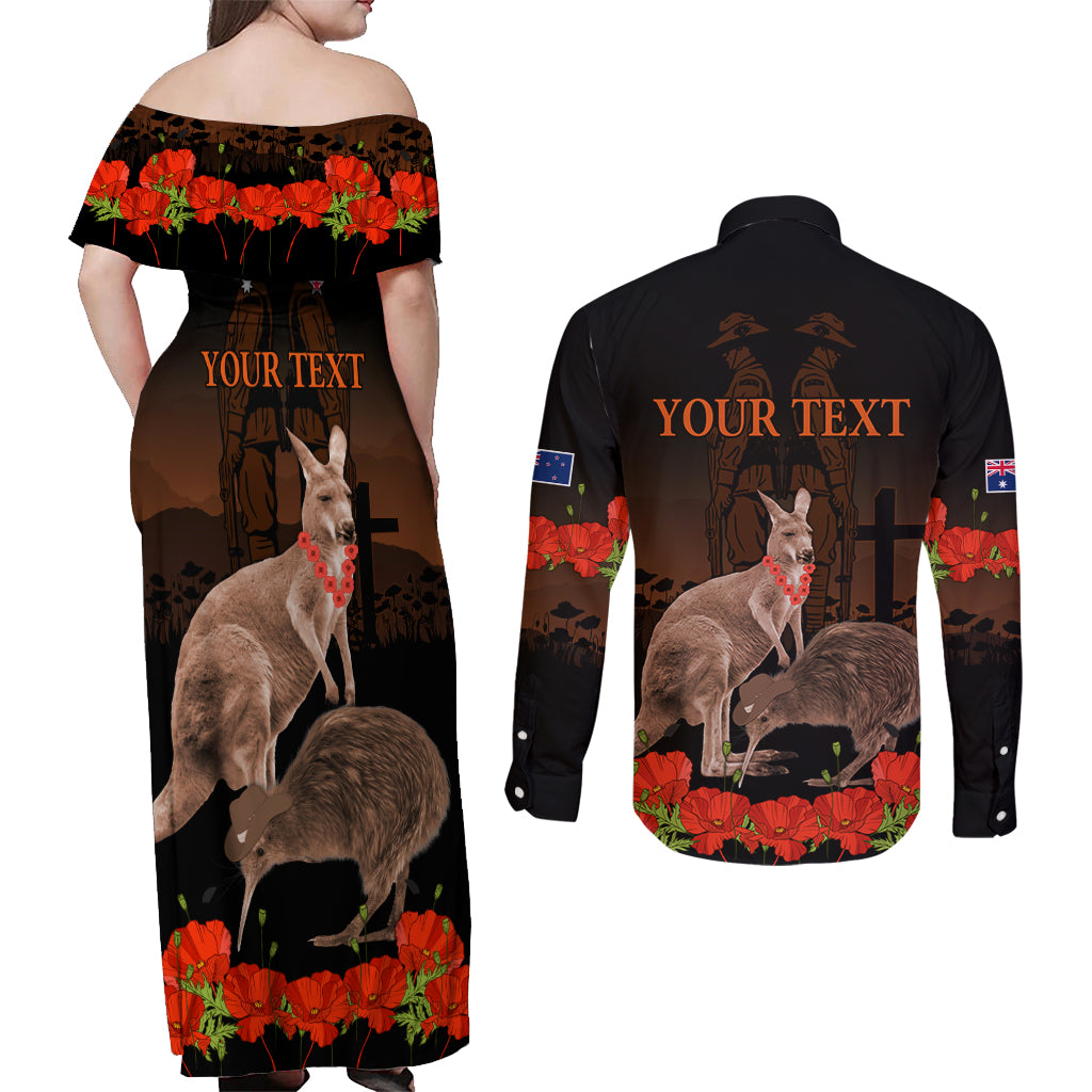 Kangaroo and Kiwi Bird ANZAC Day Custom Couples Matching Off Shoulder Maxi Dress and Long Sleeve Button Shirt Soldier Style