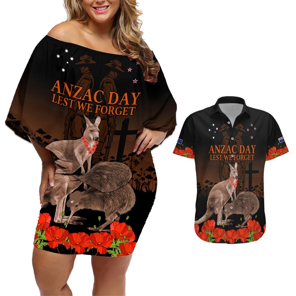 Kangaroo and Kiwi Bird ANZAC Day Custom Couples Matching Off Shoulder Short Dress and Hawaiian Shirt Soldier Style