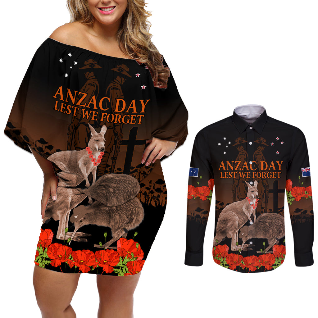 Kangaroo and Kiwi Bird ANZAC Day Custom Couples Matching Off Shoulder Short Dress and Long Sleeve Button Shirt Soldier Style