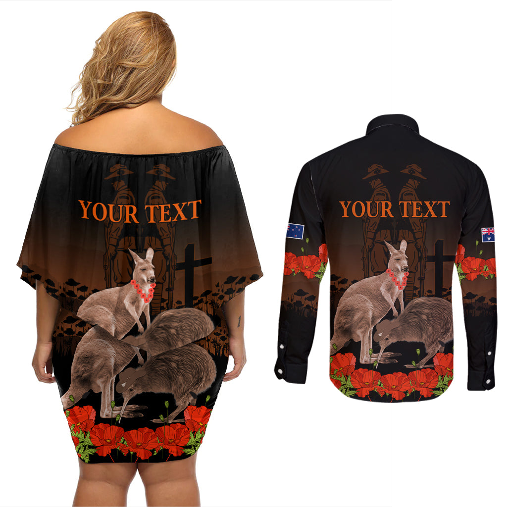 Kangaroo and Kiwi Bird ANZAC Day Custom Couples Matching Off Shoulder Short Dress and Long Sleeve Button Shirt Soldier Style