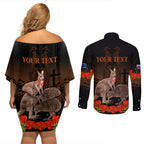 Kangaroo and Kiwi Bird ANZAC Day Custom Couples Matching Off Shoulder Short Dress and Long Sleeve Button Shirt Soldier Style
