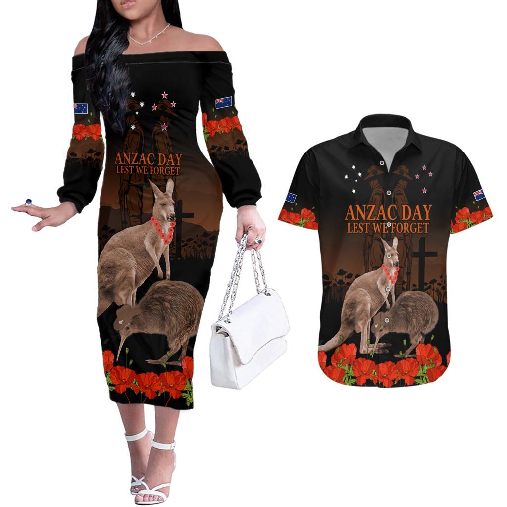 Kangaroo and Kiwi Bird ANZAC Day Custom Couples Matching Off The Shoulder Long Sleeve Dress and Hawaiian Shirt Soldier Style