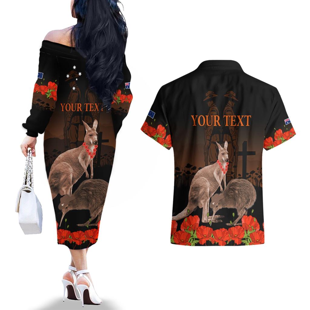 Kangaroo and Kiwi Bird ANZAC Day Custom Couples Matching Off The Shoulder Long Sleeve Dress and Hawaiian Shirt Soldier Style