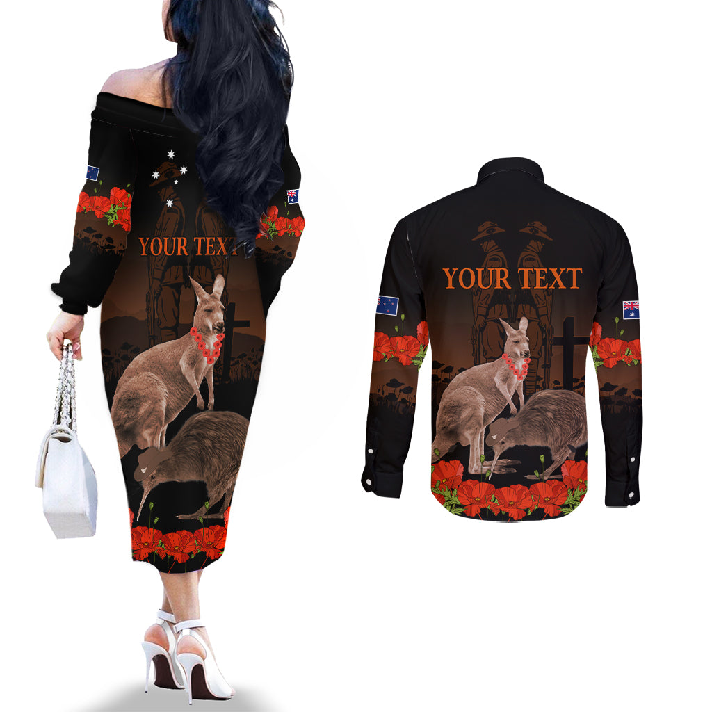 Kangaroo and Kiwi Bird ANZAC Day Custom Couples Matching Off The Shoulder Long Sleeve Dress and Long Sleeve Button Shirt Soldier Style