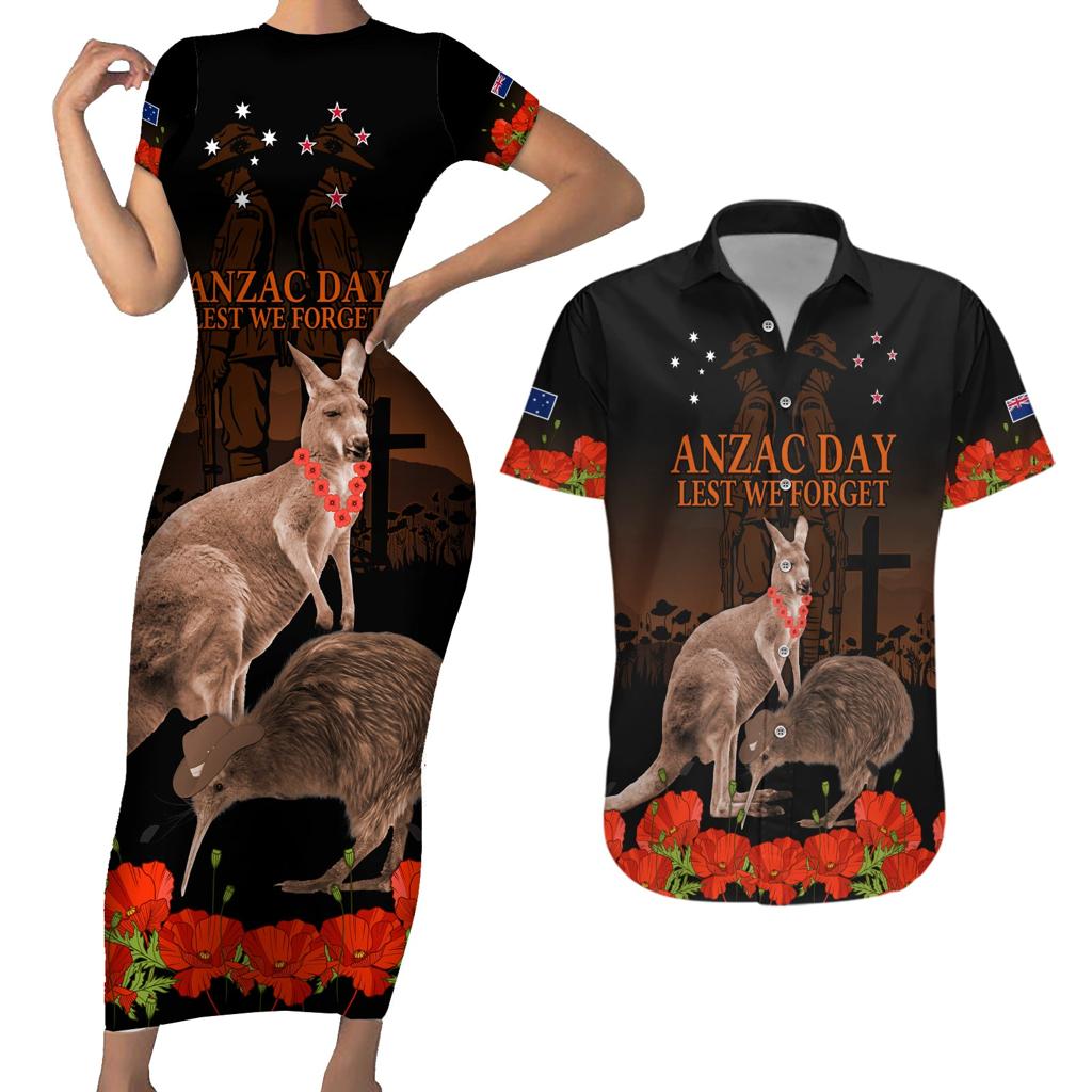 Kangaroo and Kiwi Bird ANZAC Day Custom Couples Matching Short Sleeve Bodycon Dress and Hawaiian Shirt Soldier Style