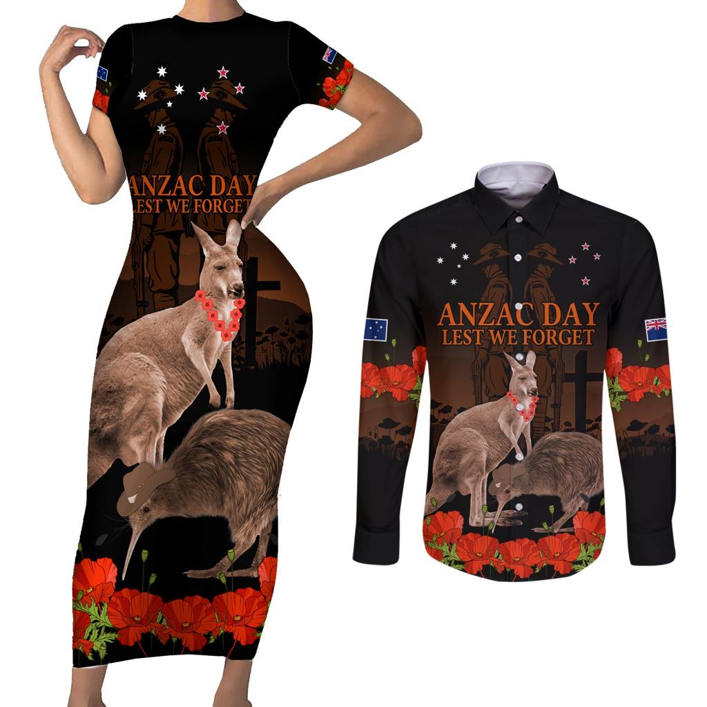 Kangaroo and Kiwi Bird ANZAC Day Custom Couples Matching Short Sleeve Bodycon Dress and Long Sleeve Button Shirt Soldier Style