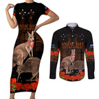 Kangaroo and Kiwi Bird ANZAC Day Custom Couples Matching Short Sleeve Bodycon Dress and Long Sleeve Button Shirt Soldier Style