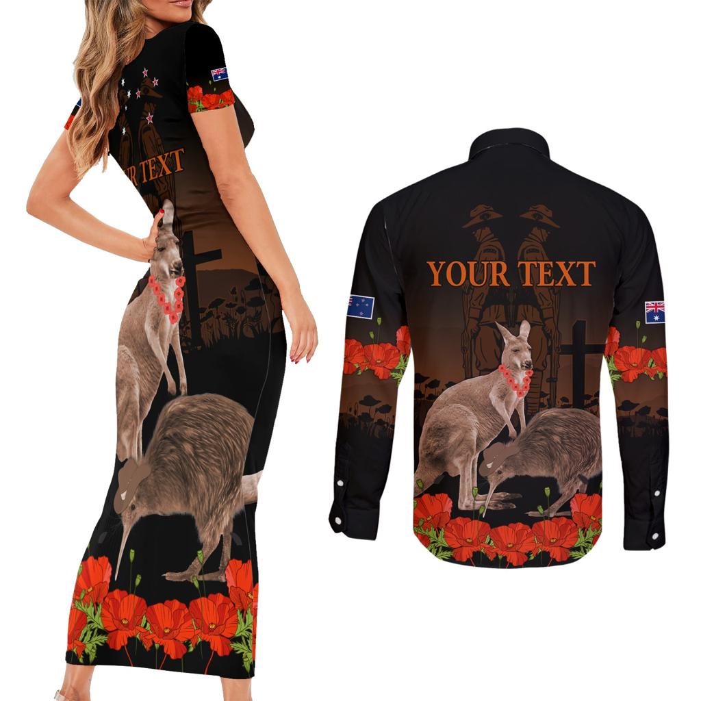 Kangaroo and Kiwi Bird ANZAC Day Custom Couples Matching Short Sleeve Bodycon Dress and Long Sleeve Button Shirt Soldier Style