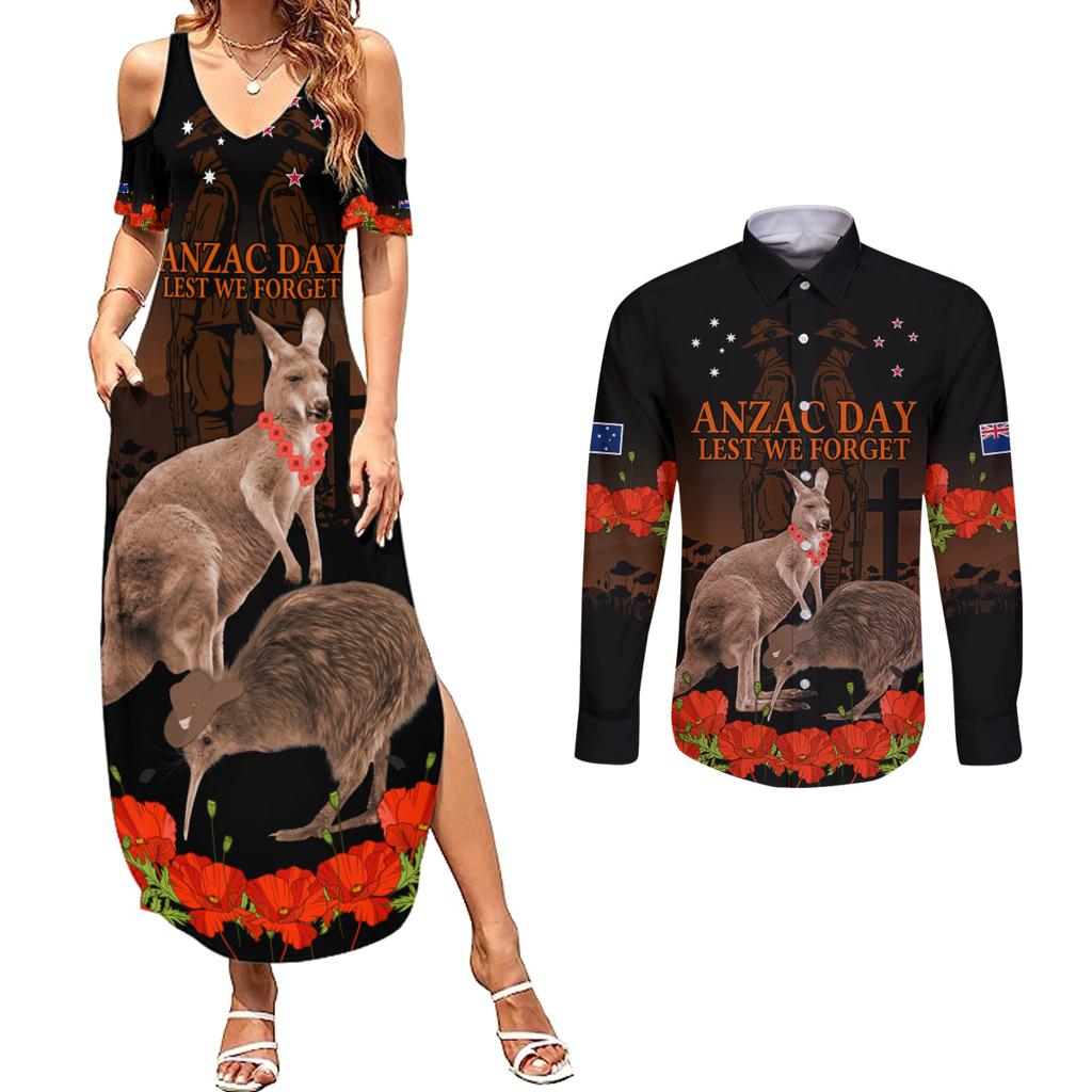 Kangaroo and Kiwi Bird ANZAC Day Custom Couples Matching Summer Maxi Dress and Long Sleeve Button Shirt Soldier Style