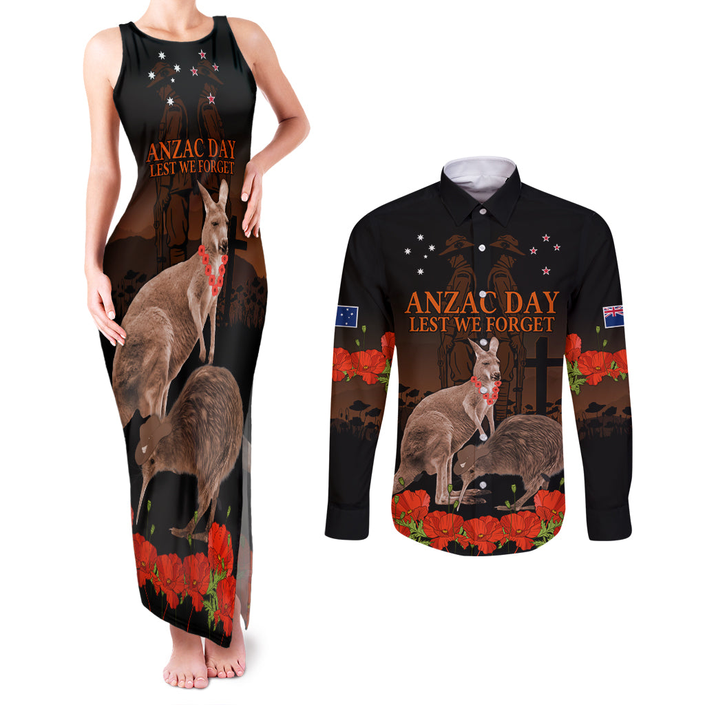Kangaroo and Kiwi Bird ANZAC Day Custom Couples Matching Tank Maxi Dress and Long Sleeve Button Shirt Soldier Style