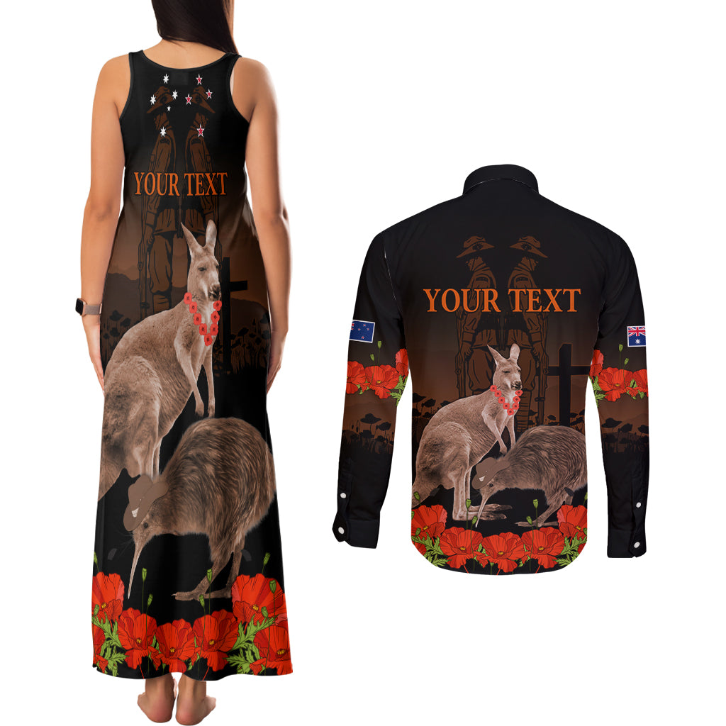Kangaroo and Kiwi Bird ANZAC Day Custom Couples Matching Tank Maxi Dress and Long Sleeve Button Shirt Soldier Style