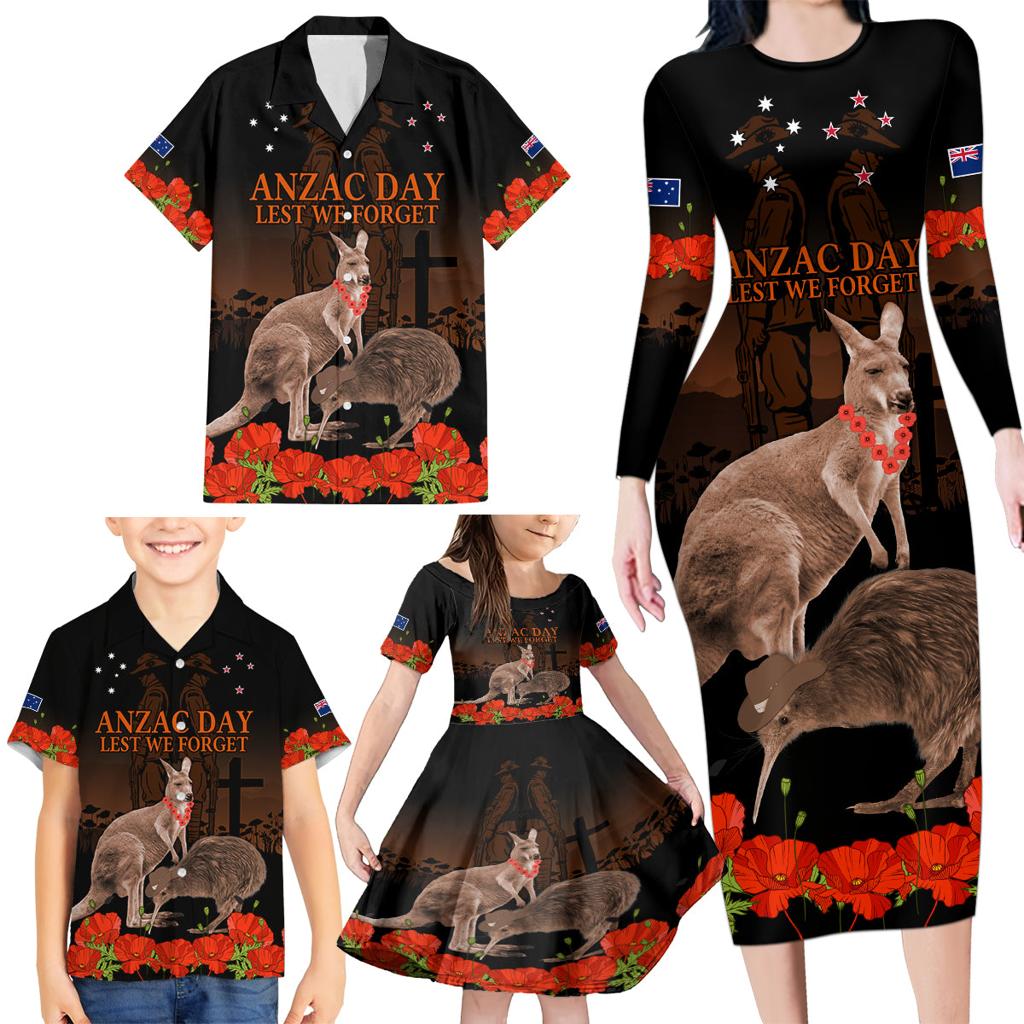 Kangaroo and Kiwi Bird ANZAC Day Custom Family Matching Long Sleeve Bodycon Dress and Hawaiian Shirt Soldier Style