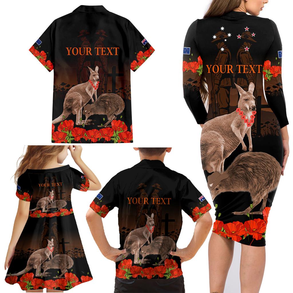 Kangaroo and Kiwi Bird ANZAC Day Custom Family Matching Long Sleeve Bodycon Dress and Hawaiian Shirt Soldier Style