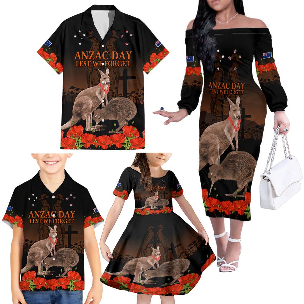 Kangaroo and Kiwi Bird ANZAC Day Custom Family Matching Off Shoulder Long Sleeve Dress and Hawaiian Shirt Soldier Style
