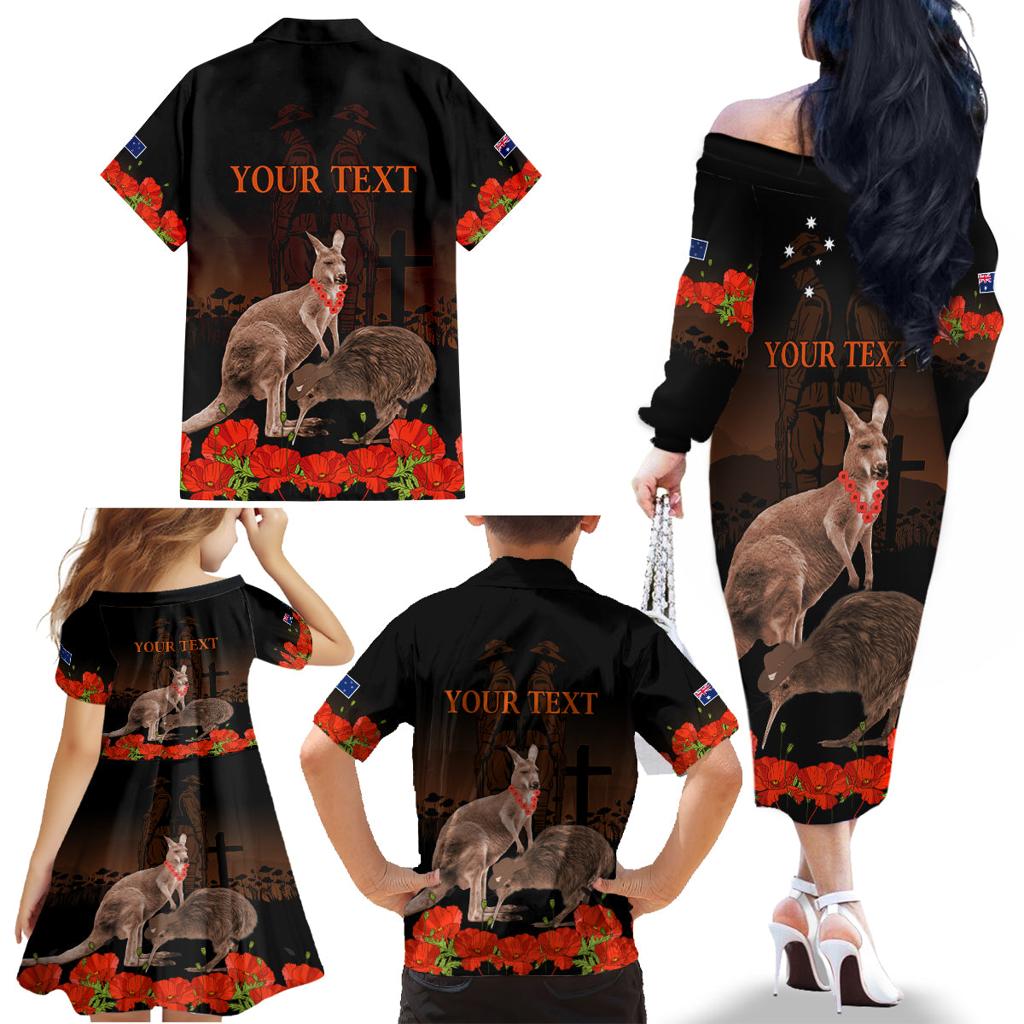 Kangaroo and Kiwi Bird ANZAC Day Custom Family Matching Off Shoulder Long Sleeve Dress and Hawaiian Shirt Soldier Style