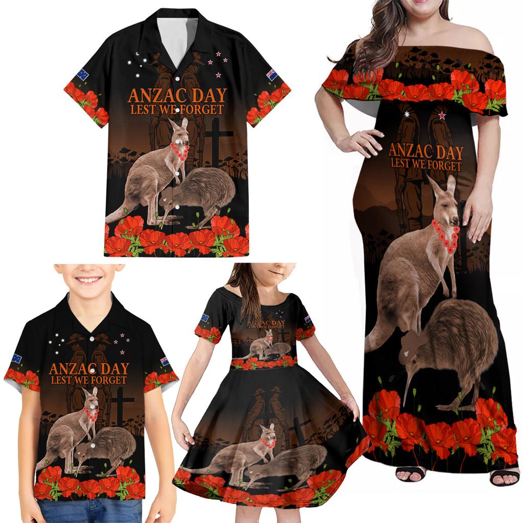 Kangaroo and Kiwi Bird ANZAC Day Custom Family Matching Off Shoulder Maxi Dress and Hawaiian Shirt Soldier Style