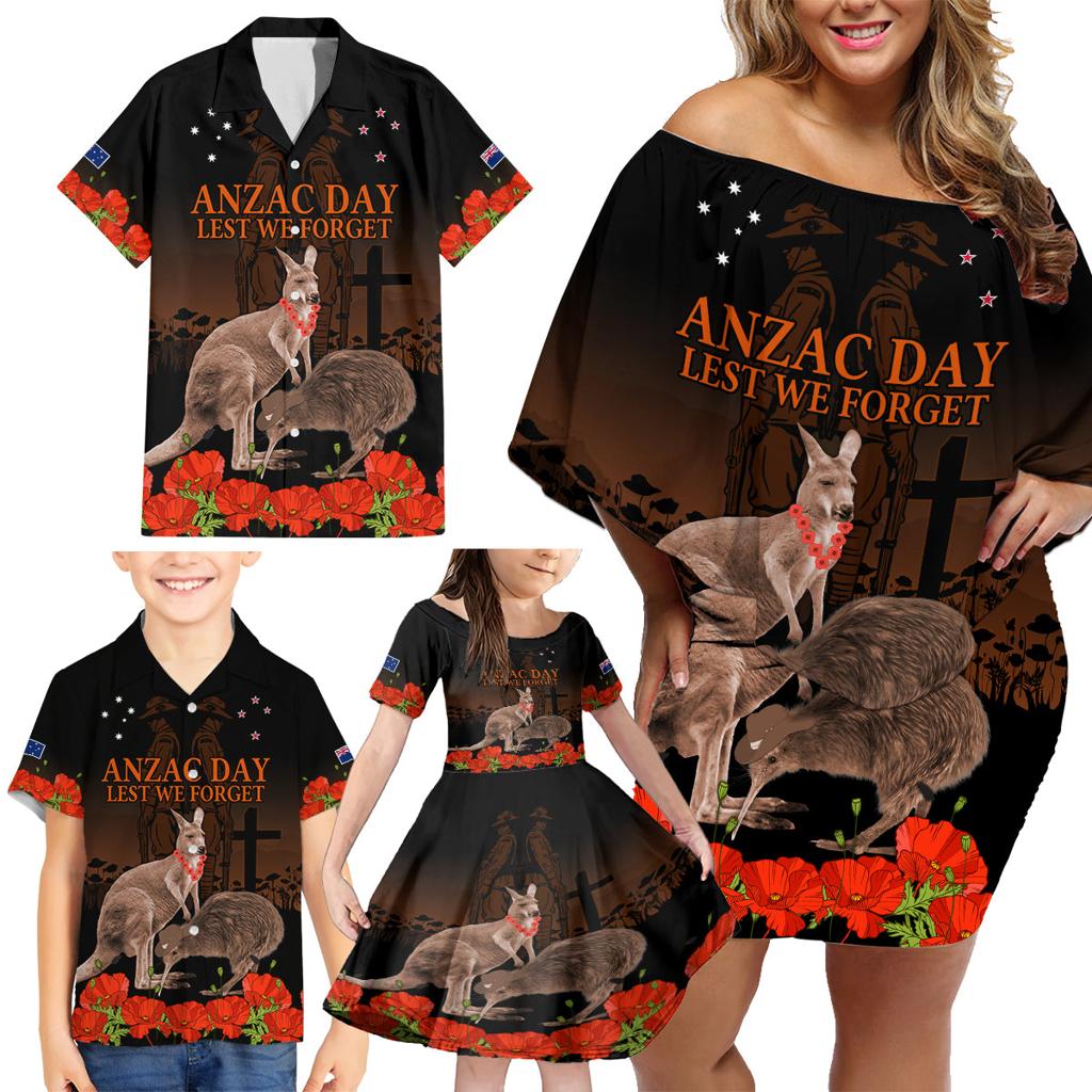 Kangaroo and Kiwi Bird ANZAC Day Custom Family Matching Off Shoulder Short Dress and Hawaiian Shirt Soldier Style