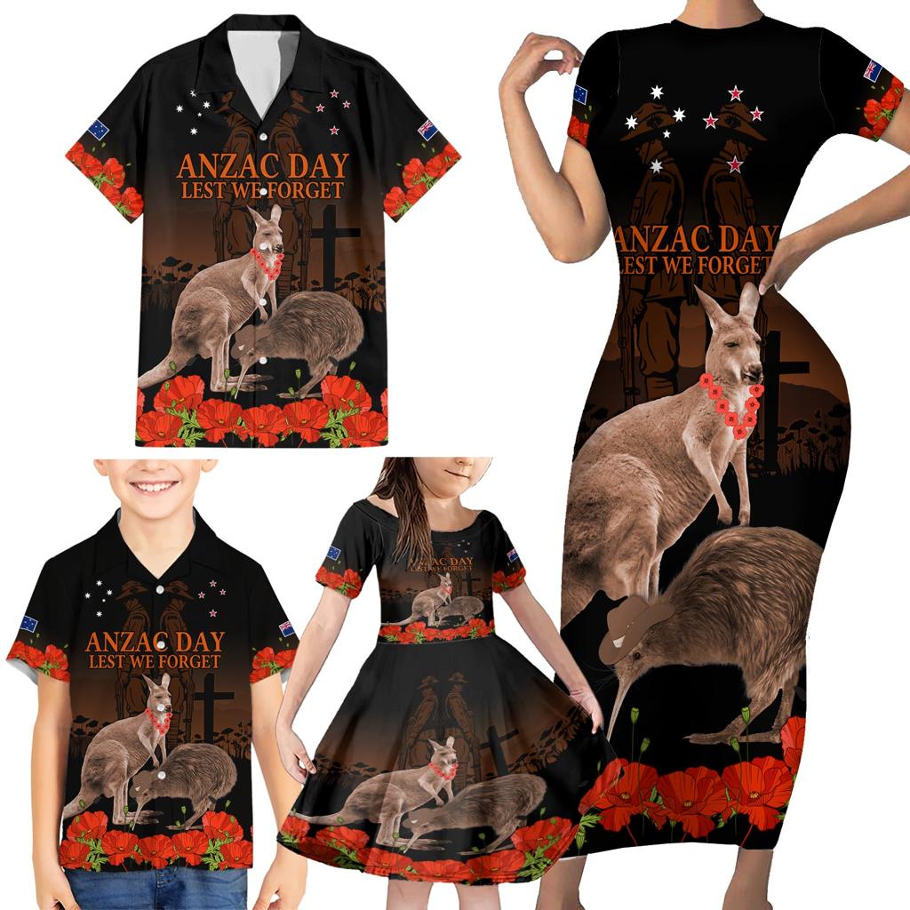 Kangaroo and Kiwi Bird ANZAC Day Custom Family Matching Short Sleeve Bodycon Dress and Hawaiian Shirt Soldier Style