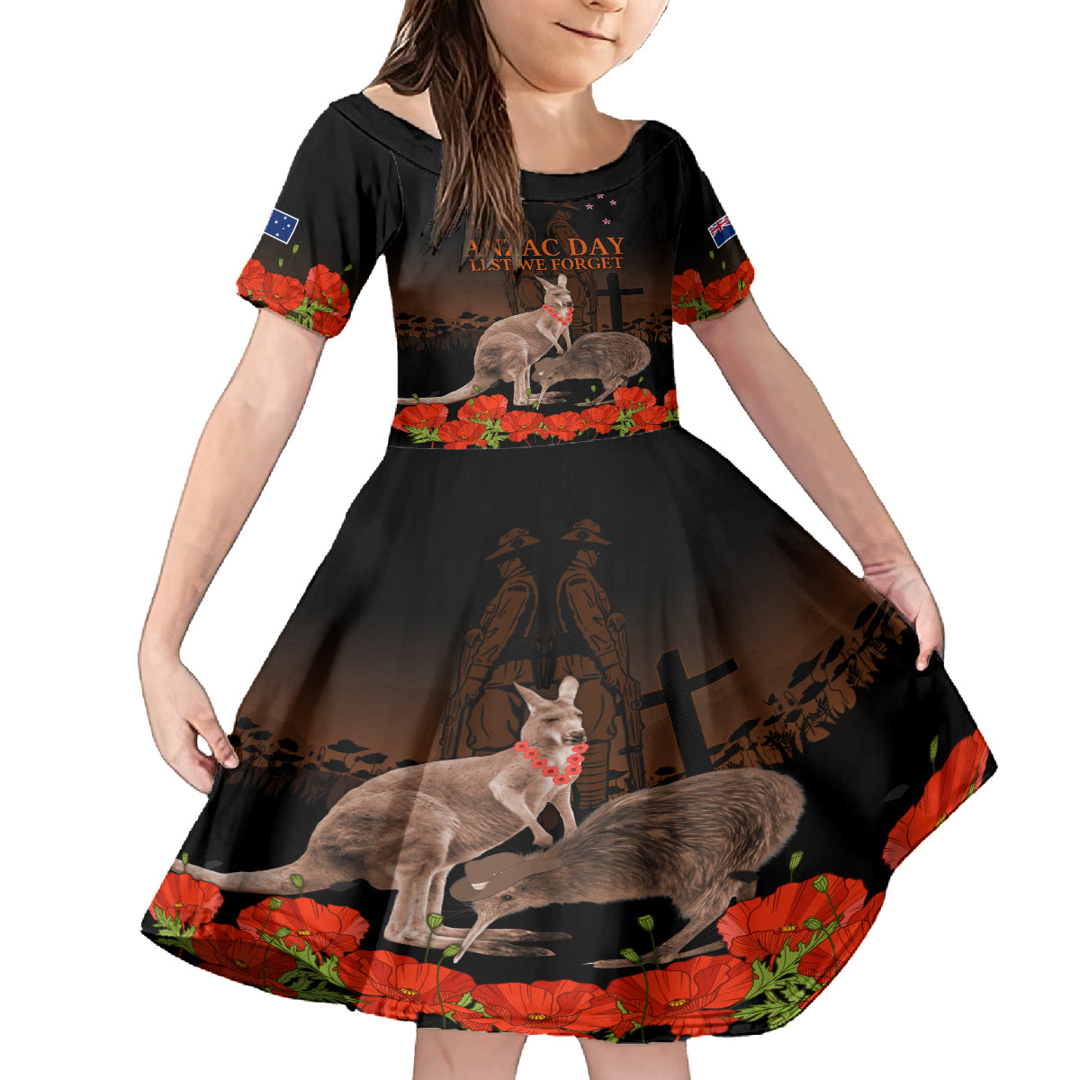 Kangaroo and Kiwi Bird ANZAC Day Custom Kid Short Sleeve Dress Soldier Style