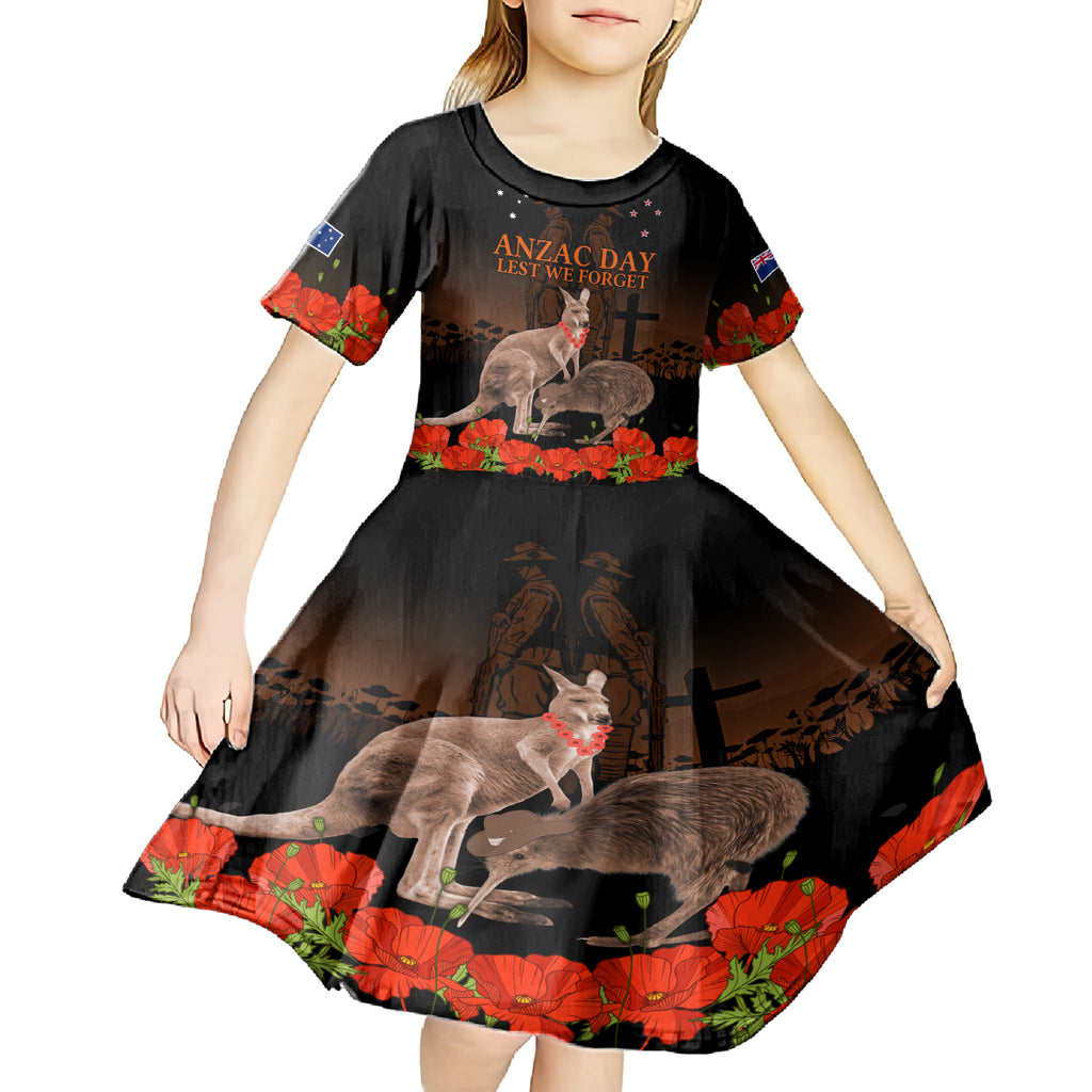 Kangaroo and Kiwi Bird ANZAC Day Custom Kid Short Sleeve Dress Soldier Style