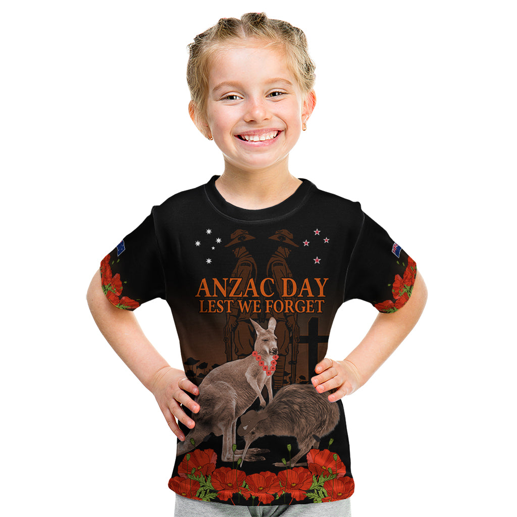 Kangaroo and Kiwi Bird ANZAC Day Custom Kid T Shirt Soldier Style