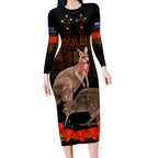 Kangaroo and Kiwi Bird ANZAC Day Custom Long Sleeve Bodycon Dress Soldier Style