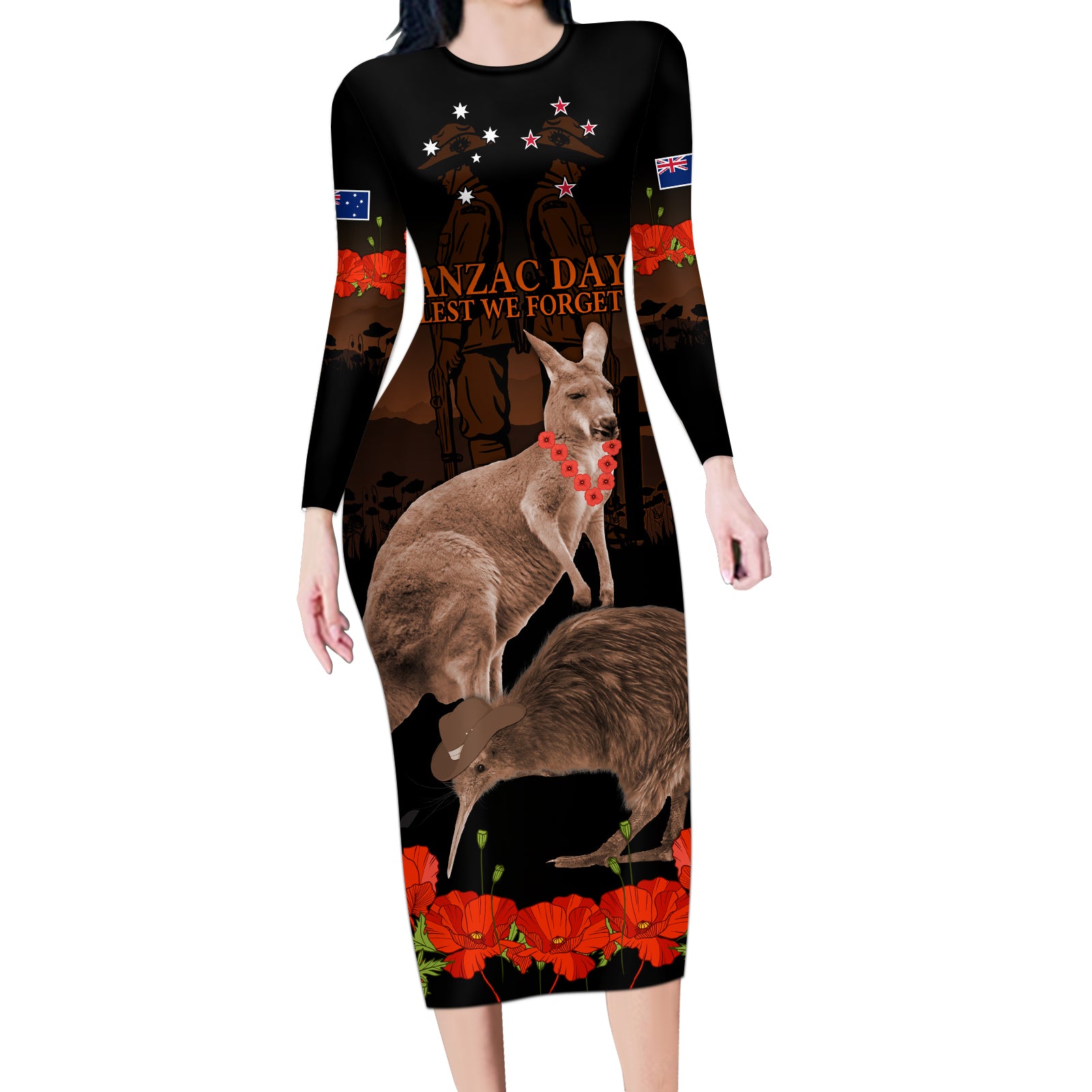Kangaroo and Kiwi Bird ANZAC Day Custom Long Sleeve Bodycon Dress Soldier Style