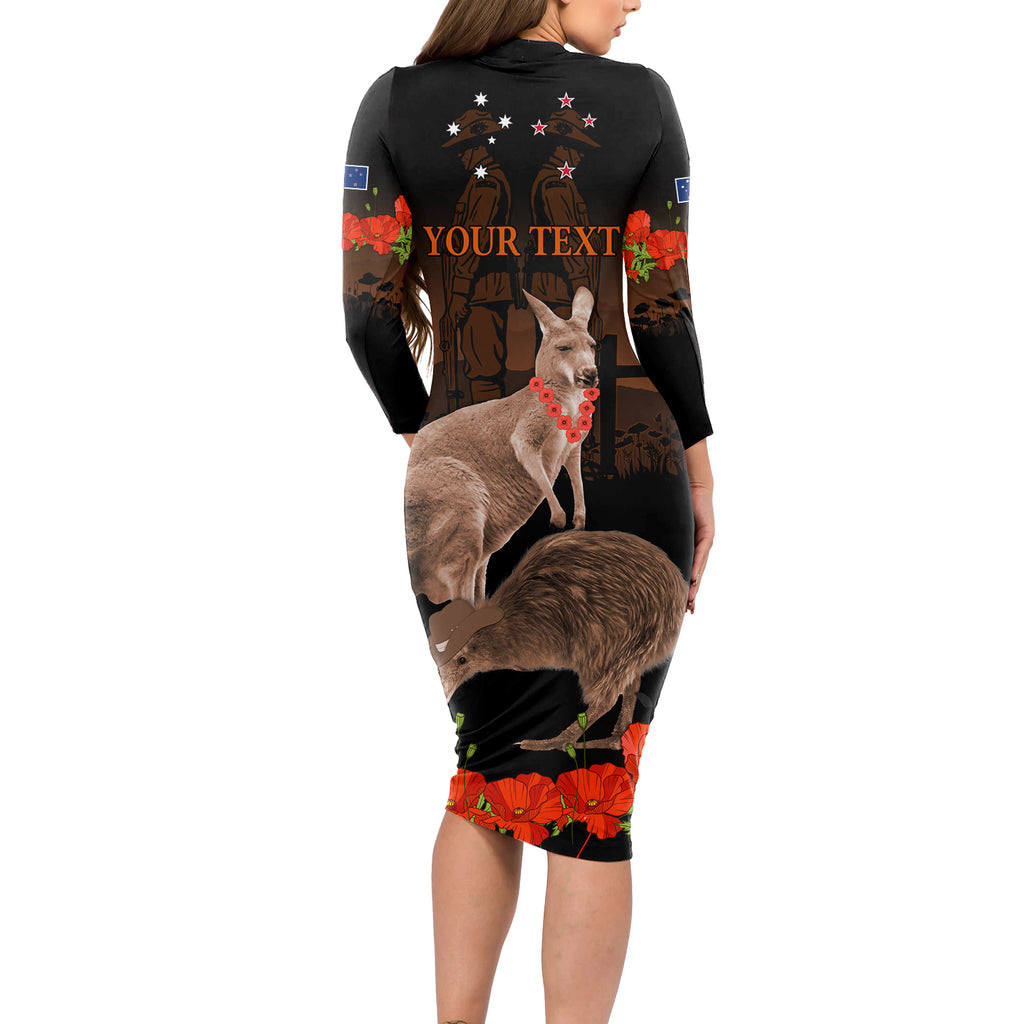Kangaroo and Kiwi Bird ANZAC Day Custom Long Sleeve Bodycon Dress Soldier Style