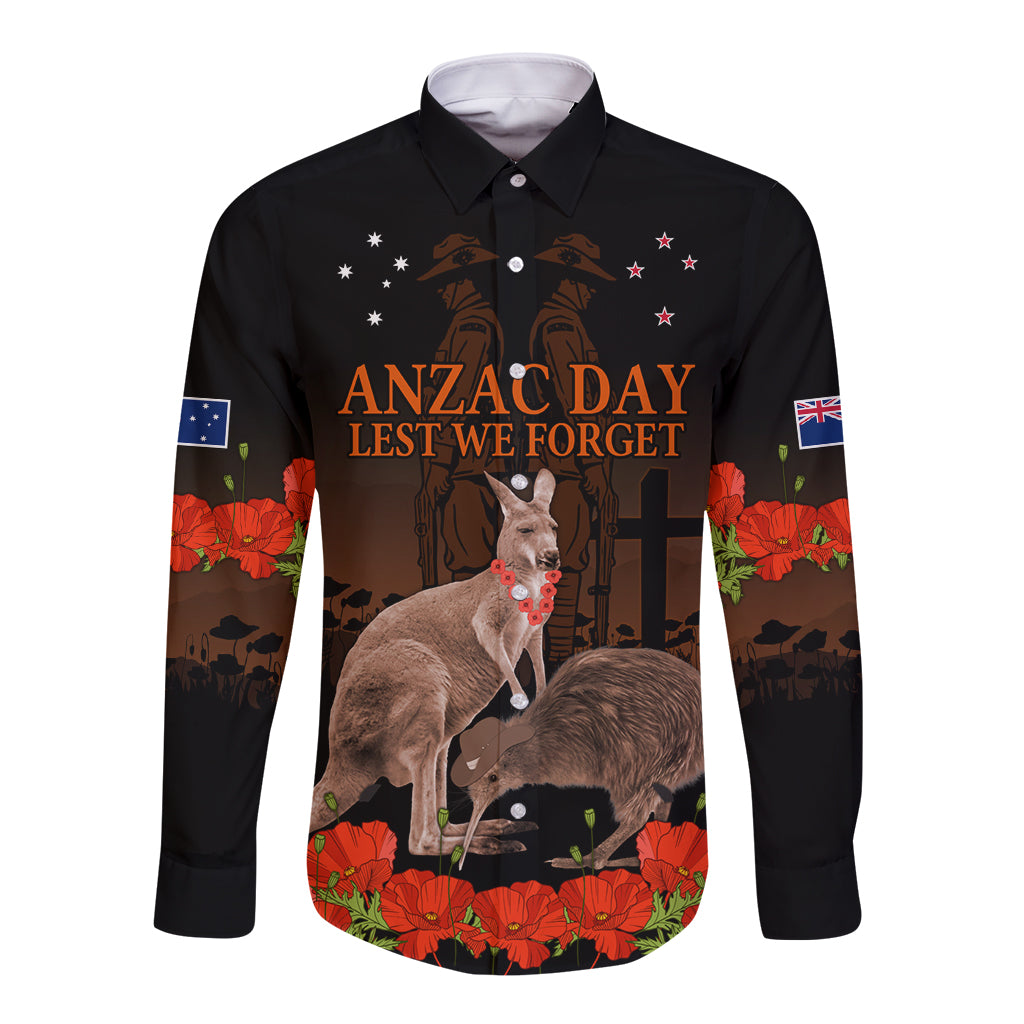 Kangaroo and Kiwi Bird ANZAC Day Custom Long Sleeve Button Shirt Soldier Style