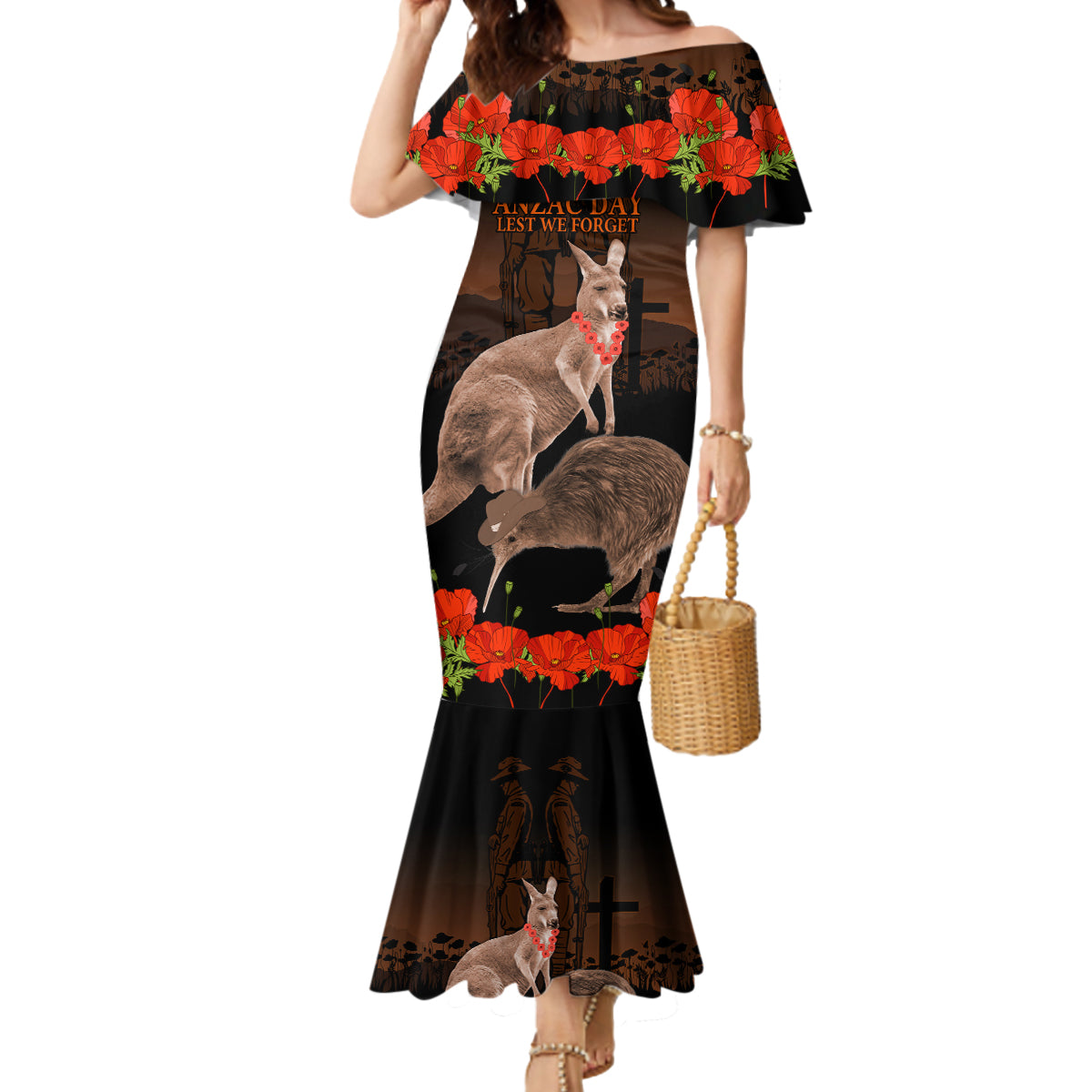 Kangaroo and Kiwi Bird ANZAC Day Custom Mermaid Dress Soldier Style
