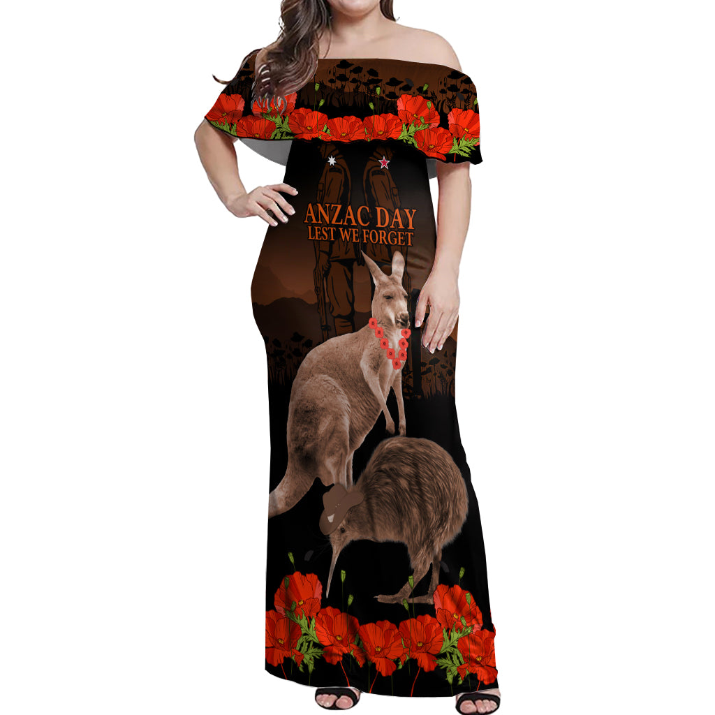 Kangaroo and Kiwi Bird ANZAC Day Custom Off Shoulder Maxi Dress Soldier Style