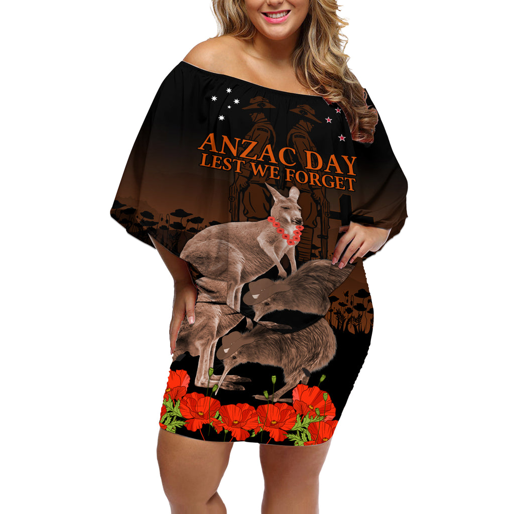 Kangaroo and Kiwi Bird ANZAC Day Custom Off Shoulder Short Dress Soldier Style