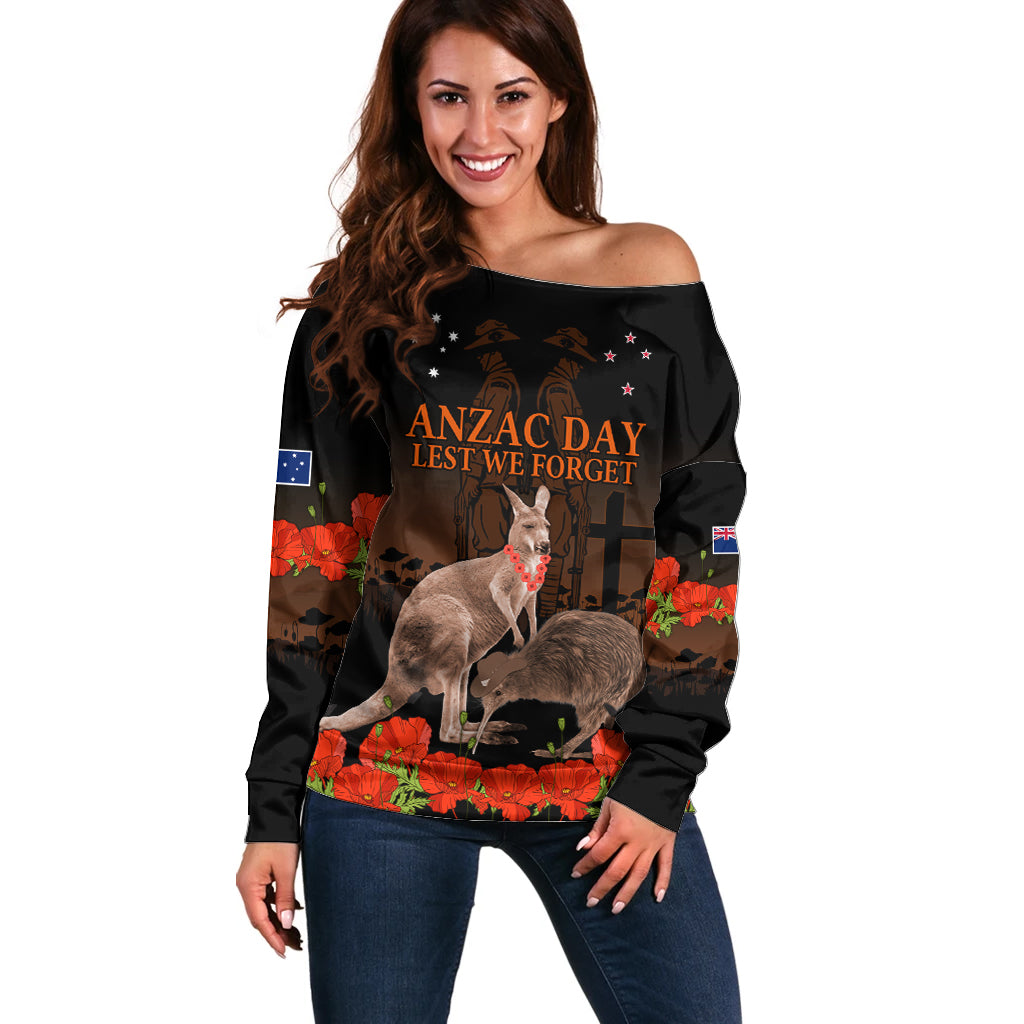 Kangaroo and Kiwi Bird ANZAC Day Custom Off Shoulder Sweater Soldier Style