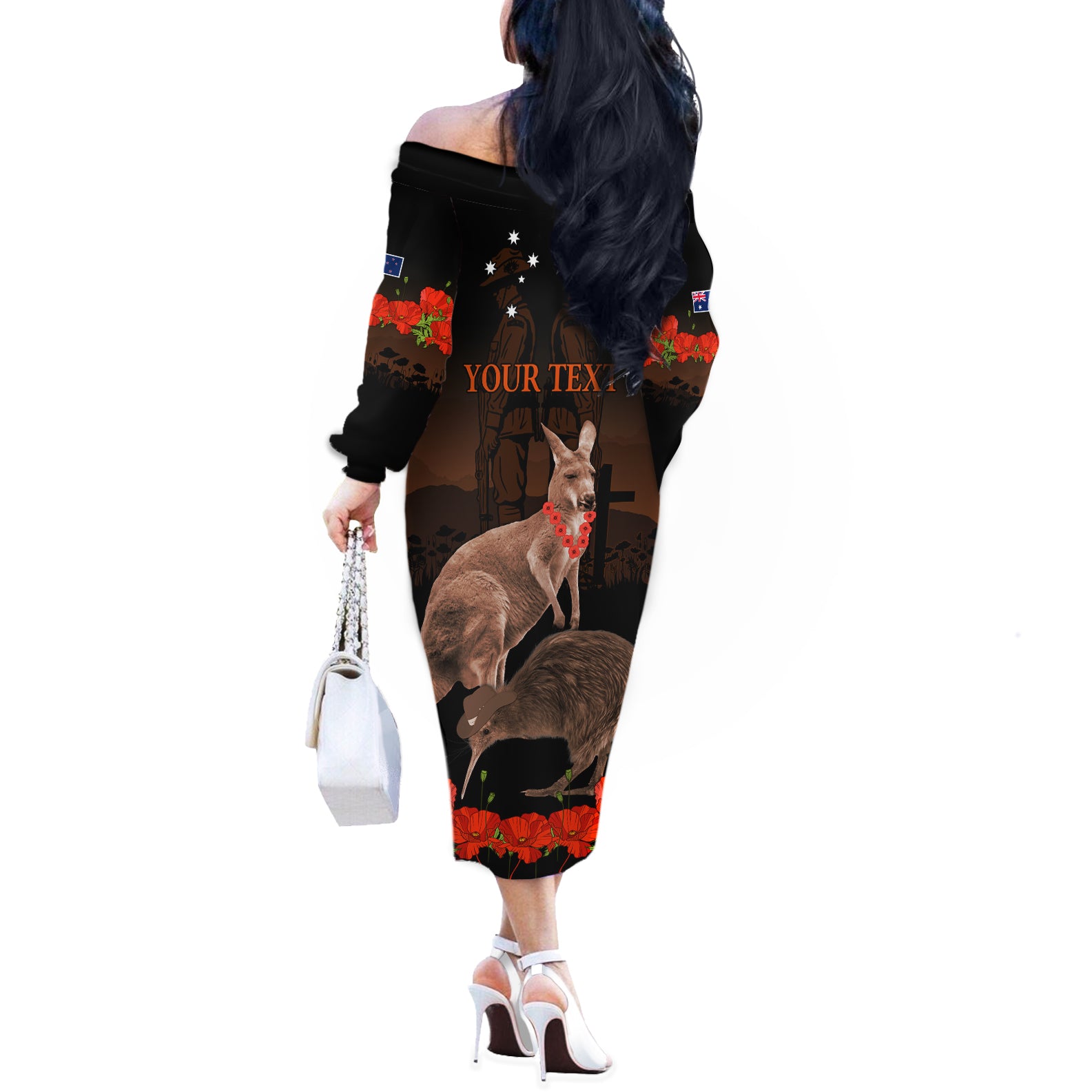 Kangaroo and Kiwi Bird ANZAC Day Custom Off The Shoulder Long Sleeve Dress Soldier Style