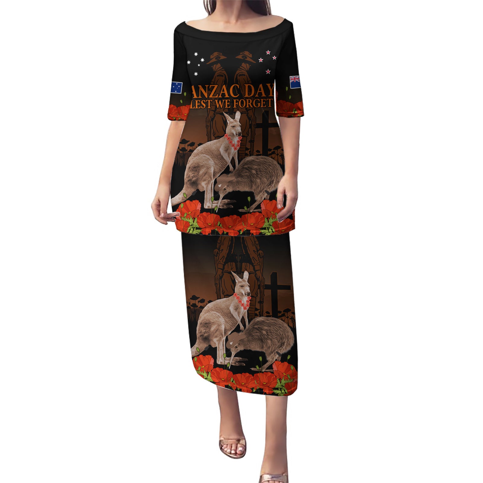 Kangaroo and Kiwi Bird ANZAC Day Custom Puletasi Soldier Style