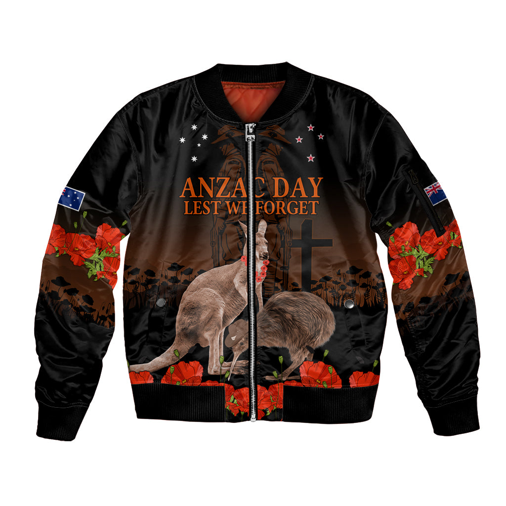 Kangaroo and Kiwi Bird ANZAC Day Custom Sleeve Zip Bomber Jacket Soldier Style