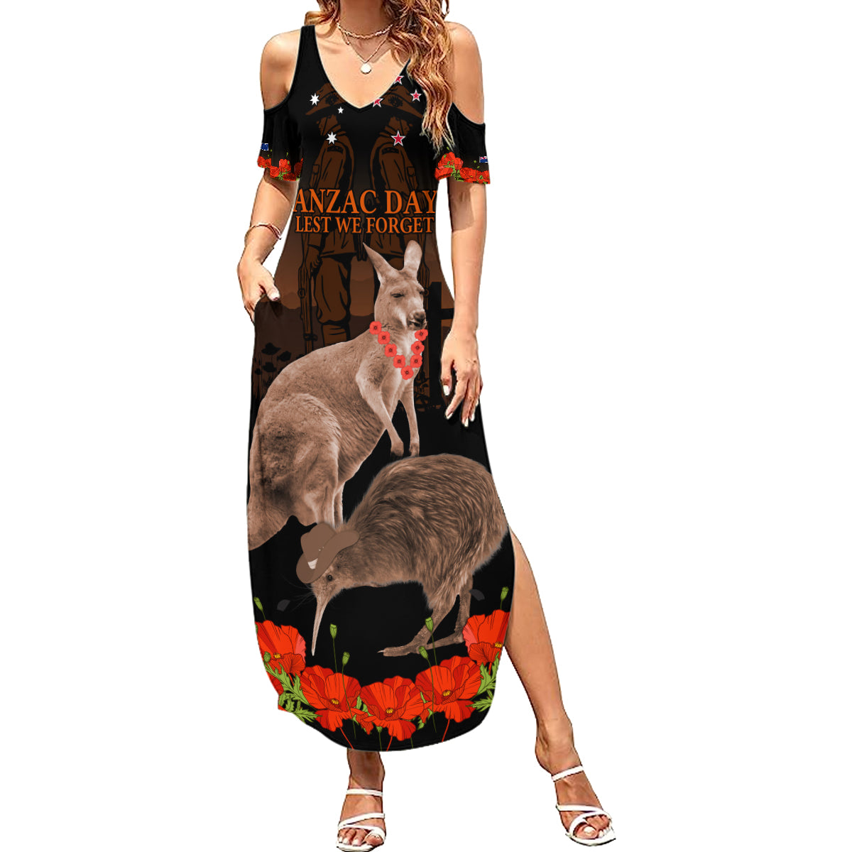 Kangaroo and Kiwi Bird ANZAC Day Custom Summer Maxi Dress Soldier Style