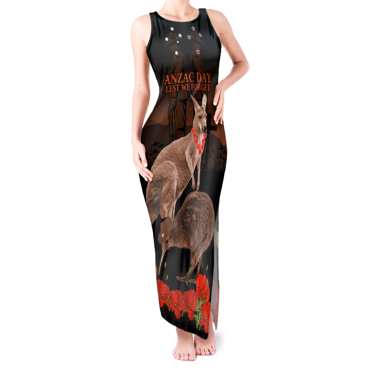 Kangaroo and Kiwi Bird ANZAC Day Custom Tank Maxi Dress Soldier Style